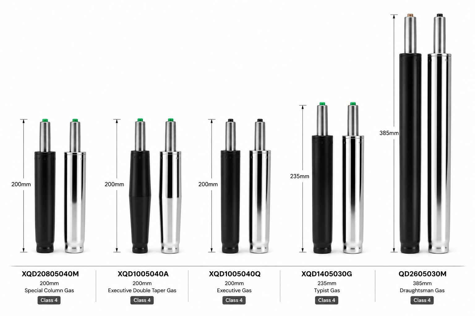 The five primary office chair gas cylinder profiles supplied by Bizniz Chairs — 200mm Special Column, 200mm Executive Double Taper, 200mm Executive, 235mm Typist, and 385mm Draughtsman — each shown in matte black and chrome finishes, all Class 4 rated.