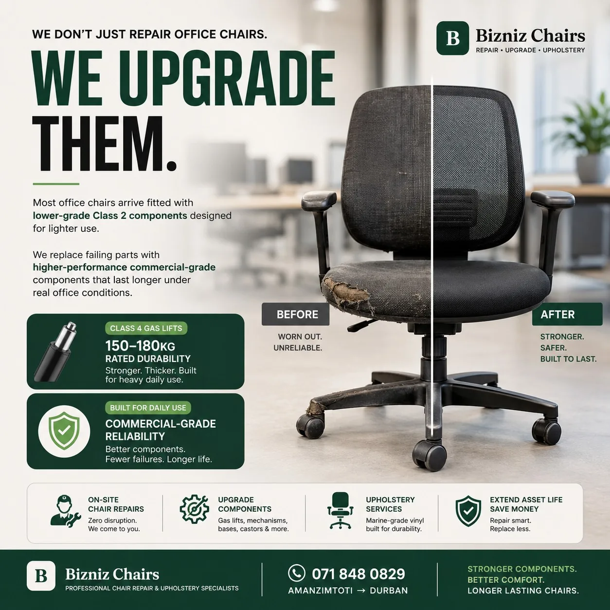 Before and after — worn office chair upgraded by Bizniz Chairs