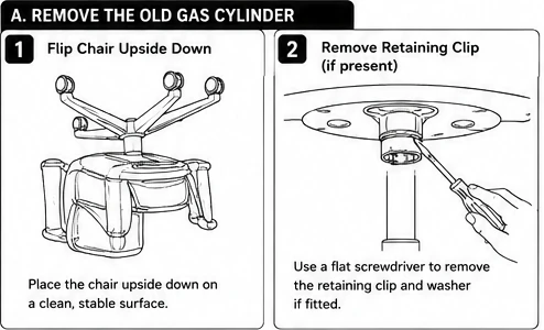 Steps 1 and 2: flip the chair upside down and remove the retaining clip