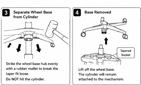 Steps 3 and 4: separate the wheel base from the cylinder and lift it off