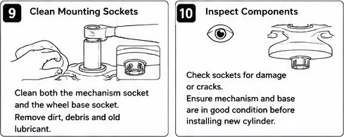 Steps 9 and 10: clean the mounting sockets and inspect the components
