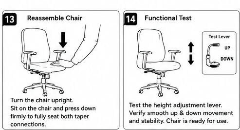 Steps 13 and 14: reassemble the chair and function test the height lever